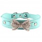 Sunsen Bling Crystal Dog Bow Leather Pet Adjustable Collar Puppy Cat Choker Blue XXS