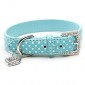 BINPET BA2028 Designer Polka Dots Leather Pet Puppy Dog Collar with Jeweled Heart Pendant Charms and Durable Metal Buckle , Blue Small